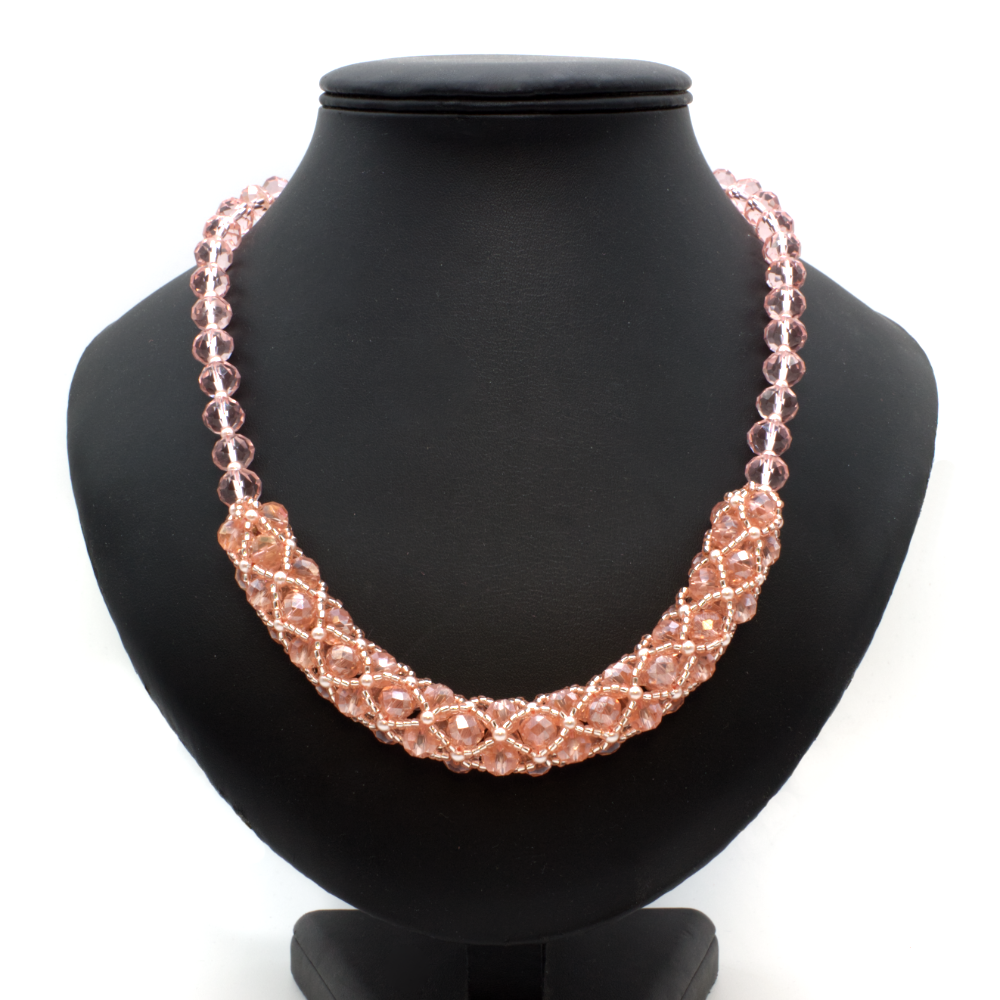 Crystal Tubular Netting Necklace - Salmon Pink