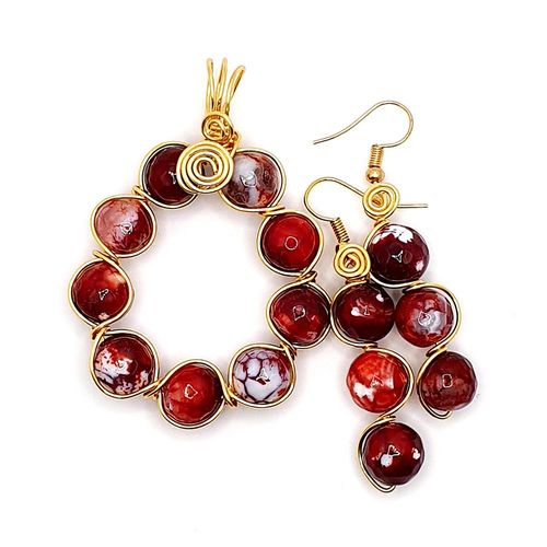 Fire Agate Pendant Earrings Makes 2 red white earring making kit — DIY set with beads and instructions for creating handmade jewelry