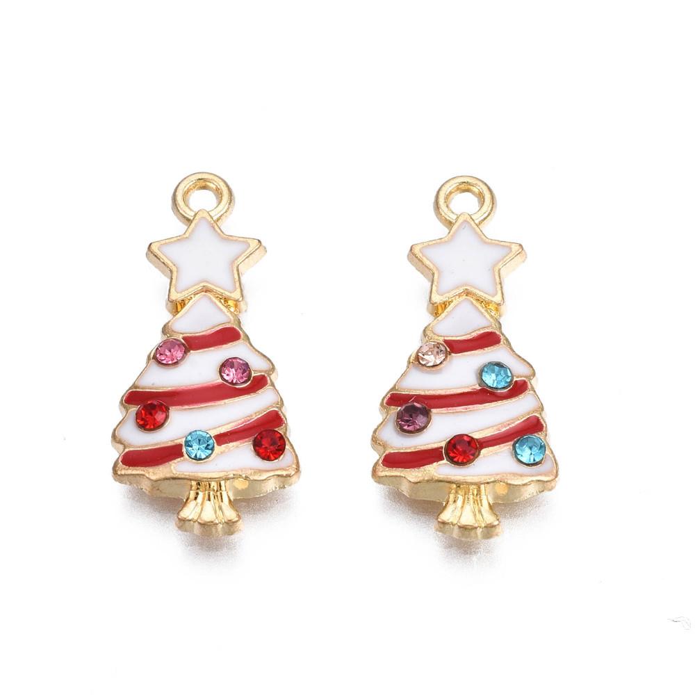 Enamel Christmas Gold Charm   Red Tree White Star with CZ 2pc 23 x 11mm for jewellery making