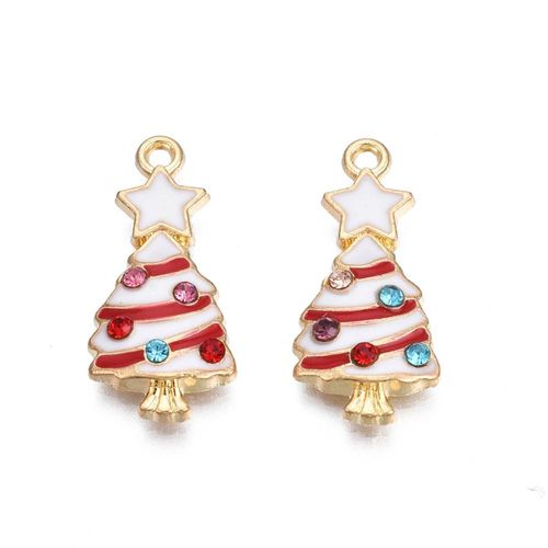 Enamel Christmas Gold Charm   Red Tree White Star with CZ 2pc 23 x 11mm for jewellery making