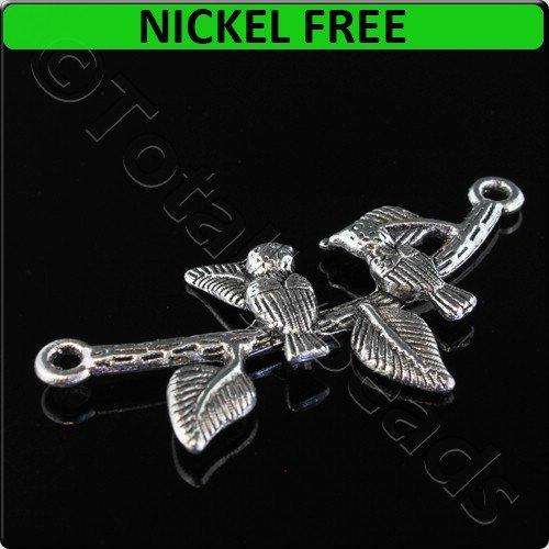 Antique Silver Metal Connector Birds on Branch 63mm 2pcs