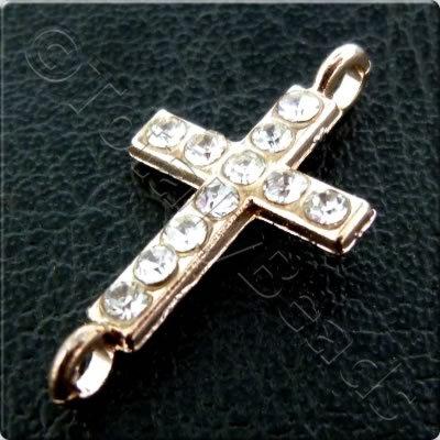 Rhinestone Connector - Cross - 20x10mm - Rose Gold and Crystal