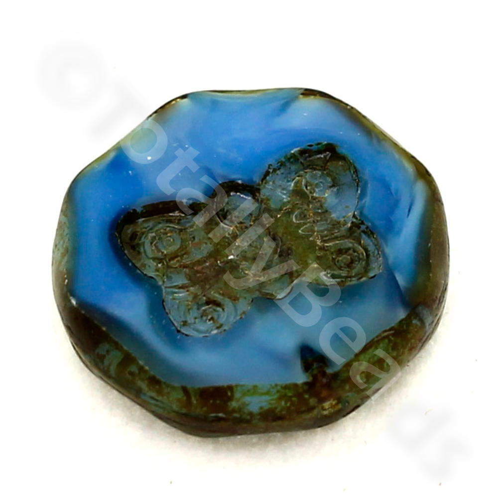 Table Cut Glass Bead - Blue Butterfly Coin 18mm