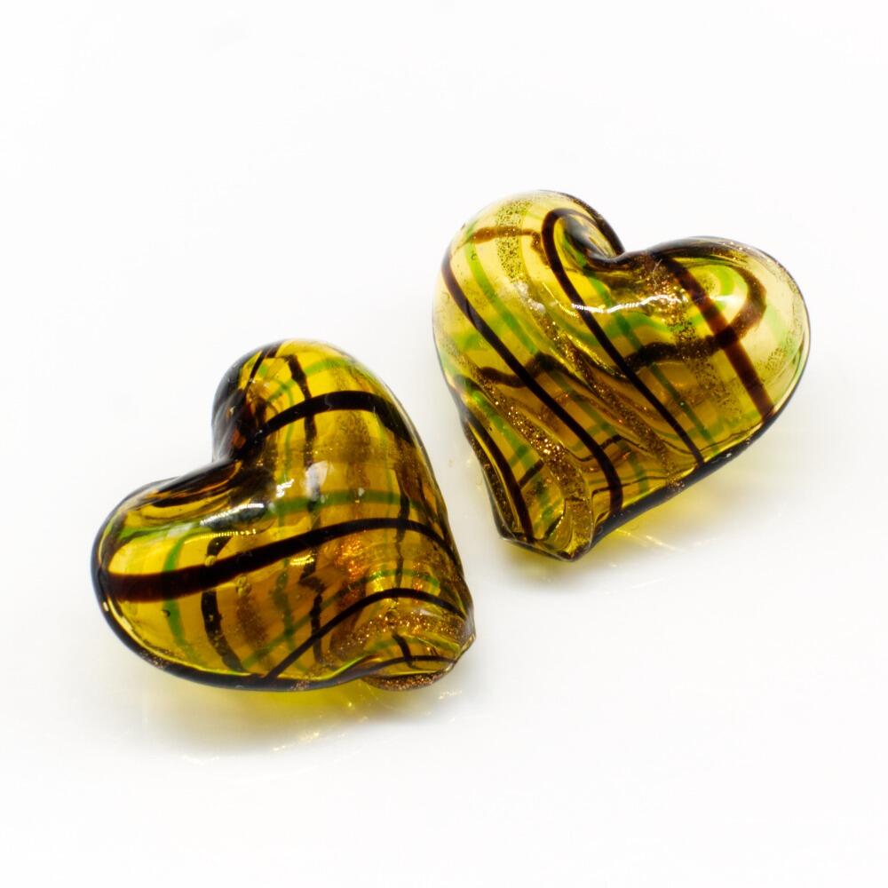 Hollow Glass Bead Heart 20mm   Gold/Black/Green for jewellery making