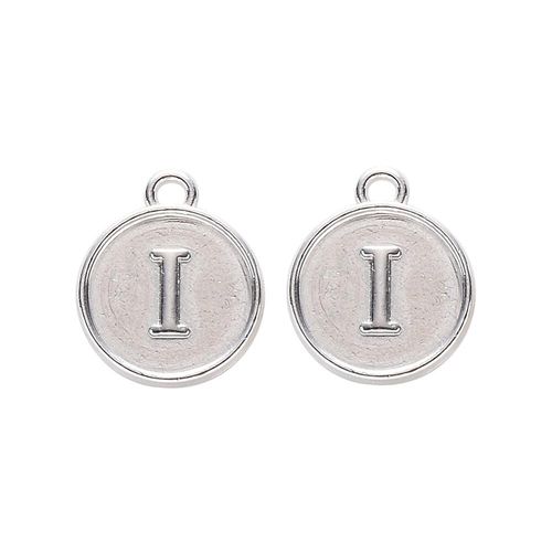 Disc Letter Charm Rhodium 12mm   I for jewellery making