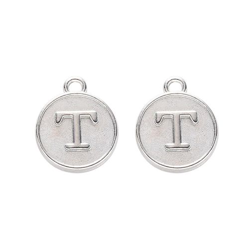 Disc Letter Charm Rhodium 12mm   T for jewellery making