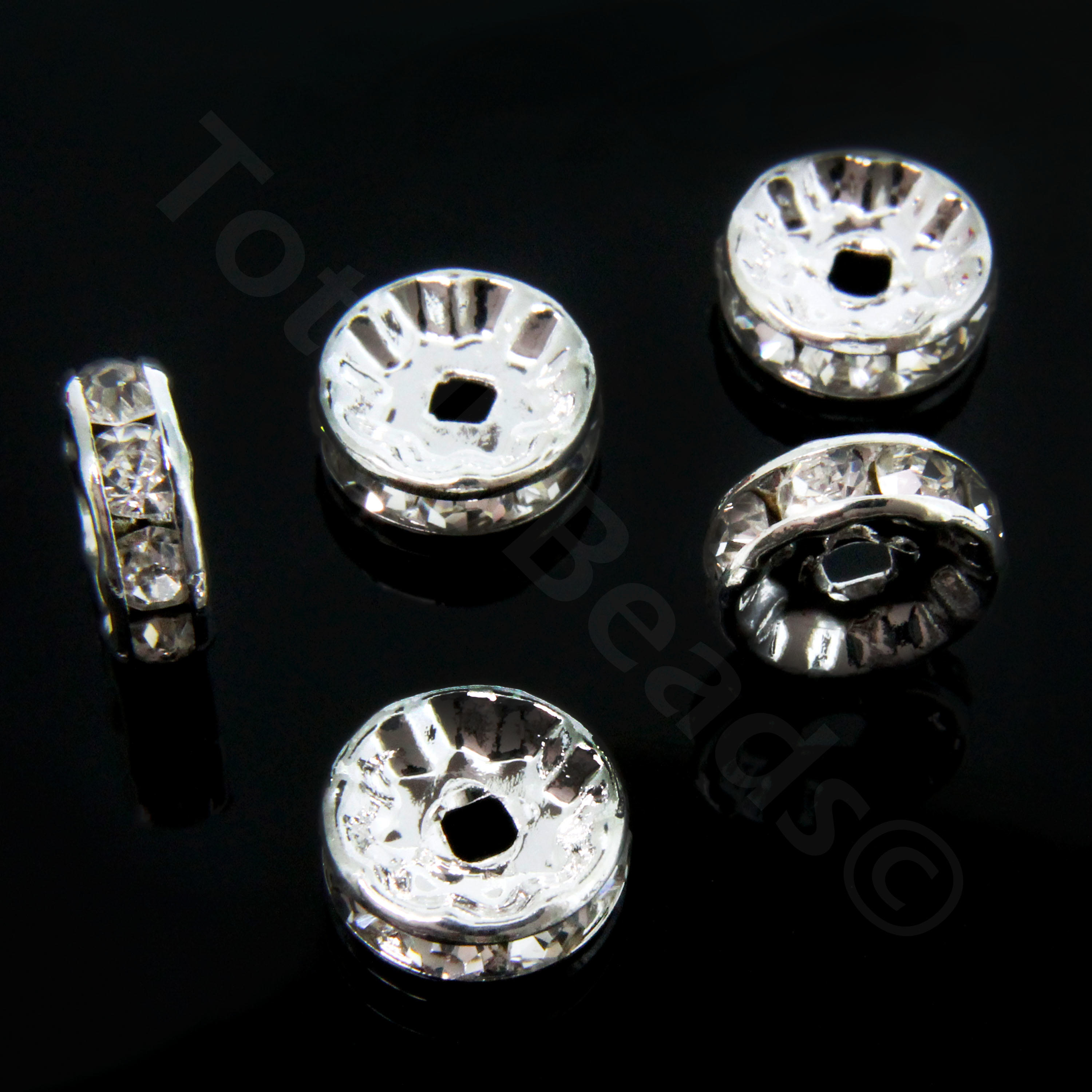 Crystal Diamante Silver Spacer Flat Rondelle 10mm - Silver 20 pcs