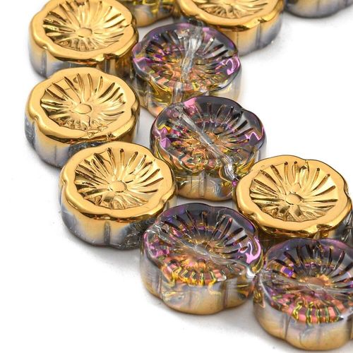 Glass Flower Beads 14mm Coin 10pcs   Rainbow Gold for jewellery making