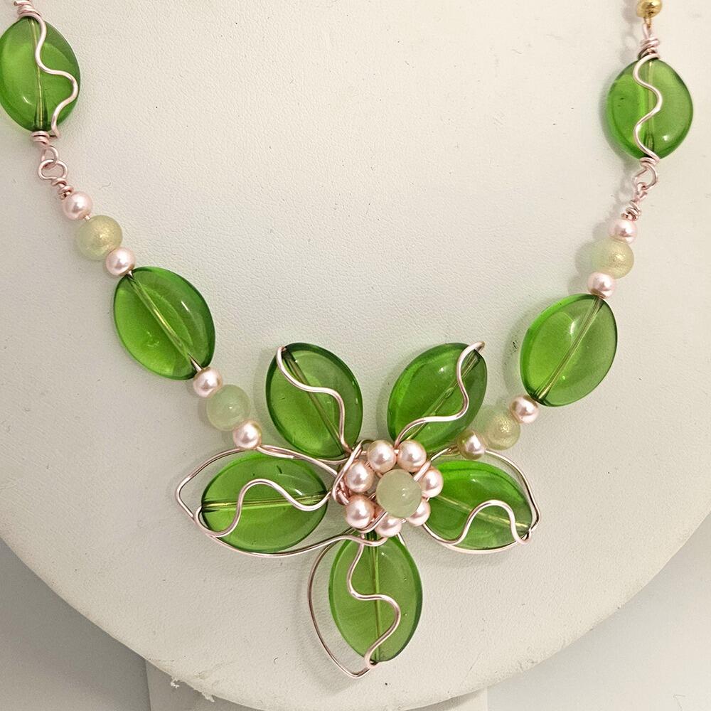 Wire Flower Necklace Makes 2 green necklace making kit — DIY set with beads and instructions for creating handmade jewelry