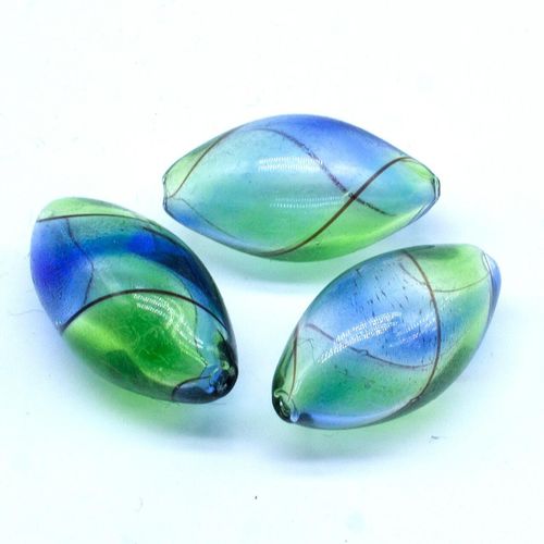 Hollow Glass Bead Rice 27mm   Green/Blue for jewellery making