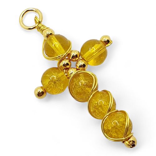Crackle Cross Pendant Makes 10 golden yellow jewelry making kit — DIY set with beads and instructions for creating handmade jewelry