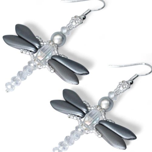 Crystal Dragonfly Earrings Kit pearl silver earring making kit — DIY set with beads and instructions for creating handmade jewelry