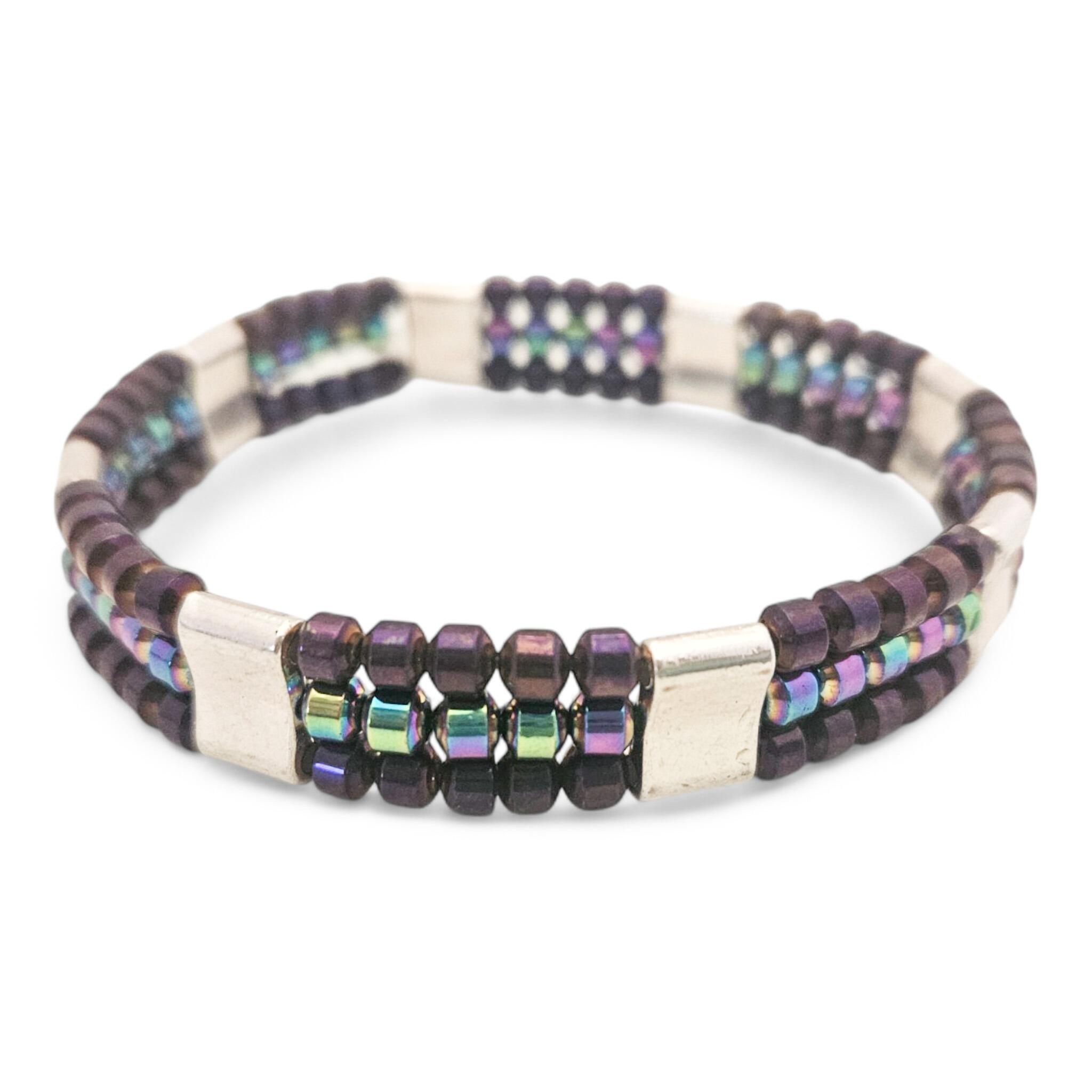 Triple Strand Drum Bracelets purple green bracelet making kit — DIY set with beads and instructions for creating handmade jewelry
