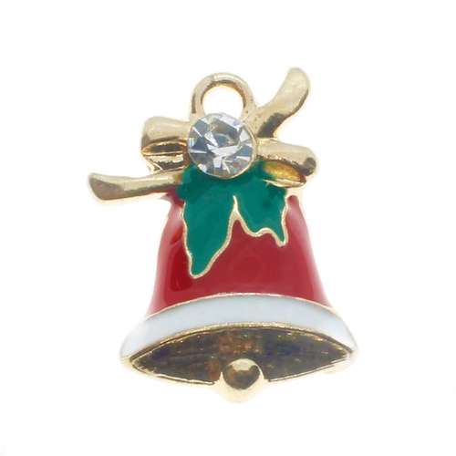 Enamel Christmas Gold Charm - Bell CZ 2pcs