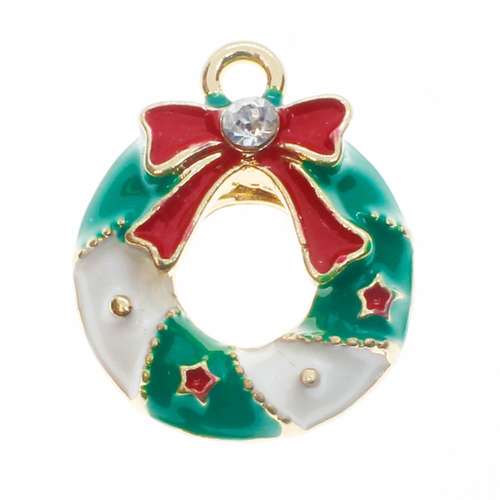 Enamel Christmas Gold Charm - Dome Wreath  2pcs