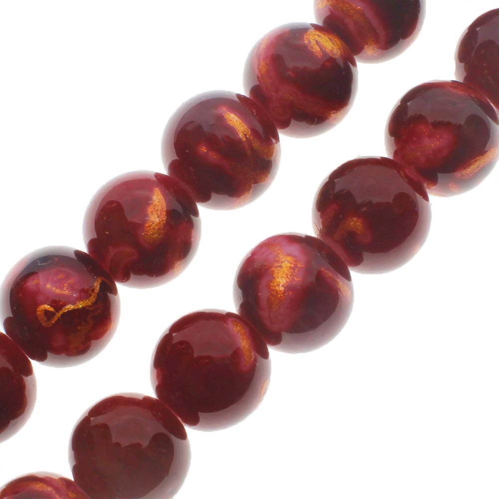 Gold Swirl Glass Beads 10mm Round - Ruby Red