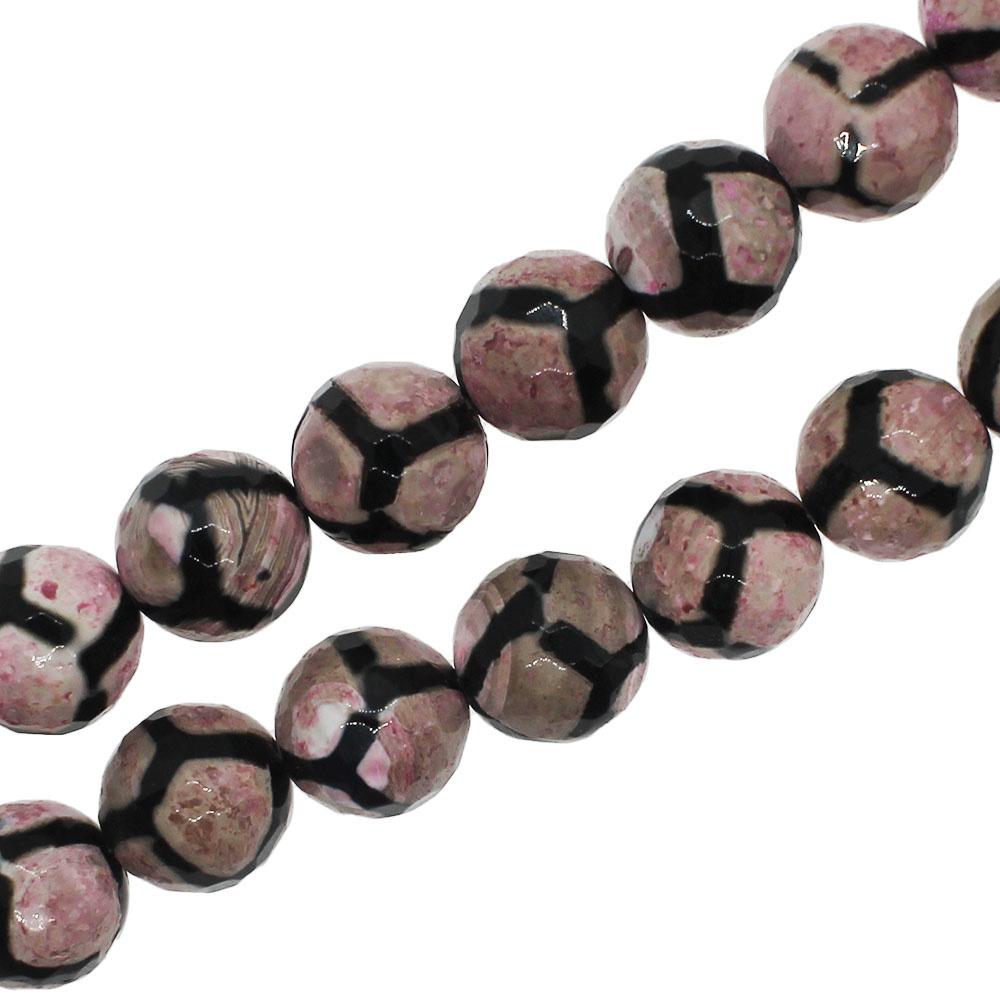 DZI Agate Faceted Round 12mm - Pink and Black 16" Strand