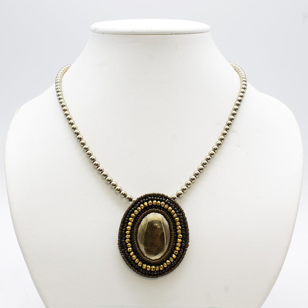 Embroidery Hematite Pendant and Necklace Kit - Antique Gold