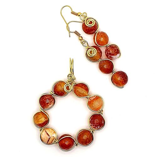 Fire Agate Pendant Earrings Makes 2 orange earring making kit — DIY set with beads and instructions for creating handmade jewelry
