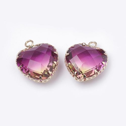 Facet Glass Heart Pendant with Gold Frame 16mm   Violet Gold for jewellery making