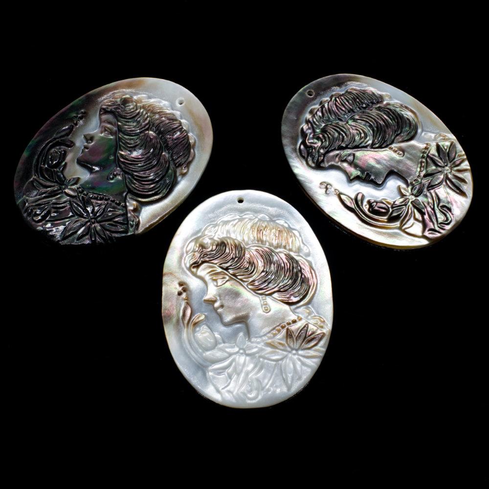 Mother of Pearl Pendant Oval Lady Left 40mm for jewellery making