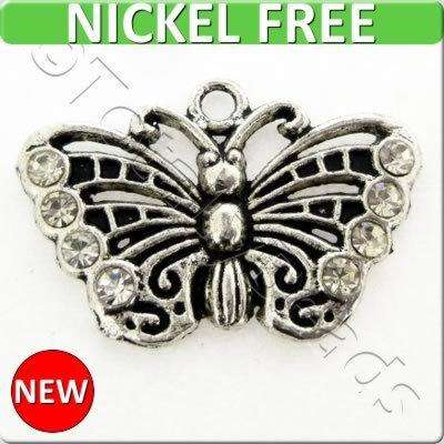 Antique Silver Metal Charm - Crystal Butterfly 26mm 2pcs