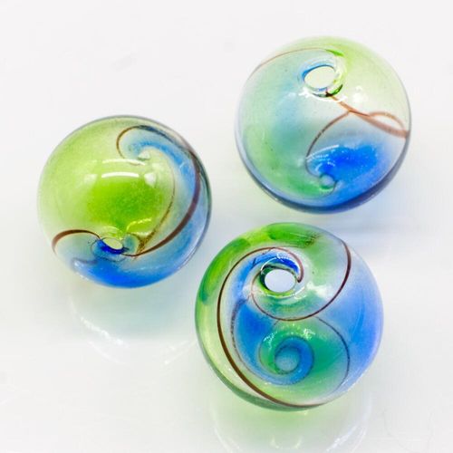 Hollow Glass Bead Round 19mm   Blue/Green for jewellery making