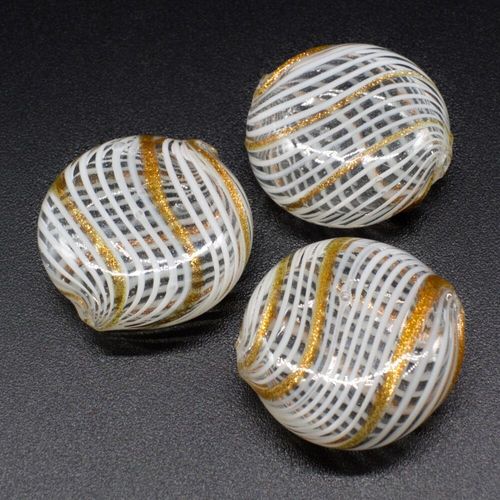 Hollow Glass Bead Disc 23mm   Clear/White/Gold for jewellery making