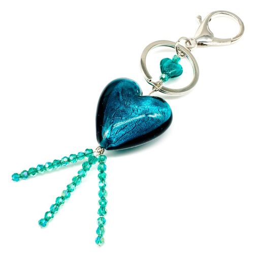 Silver Foil Heart Keyring teal flash jewelry making kit — DIY set with beads and instructions for creating handmade jewelry