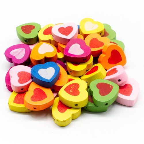 Colourful Wooden Beads   Painted Heart 15 x 18mm for jewellery making