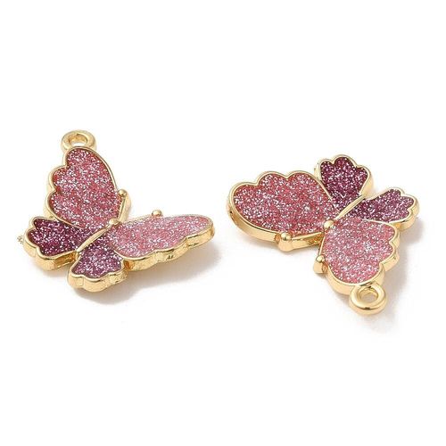 Enamel Gold Charm   19mm Butterfly Glitter Pink 2pc for jewellery making