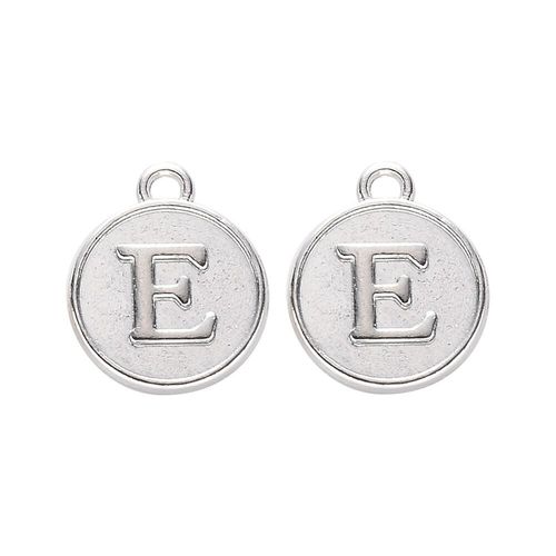 Disc Letter Charm Rhodium 12mm   E for jewellery making