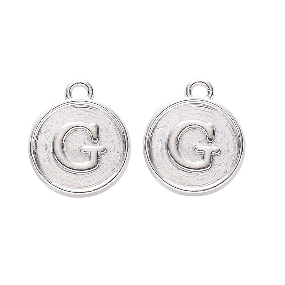 Disc Letter Charm Rhodium 12mm   G for jewellery making