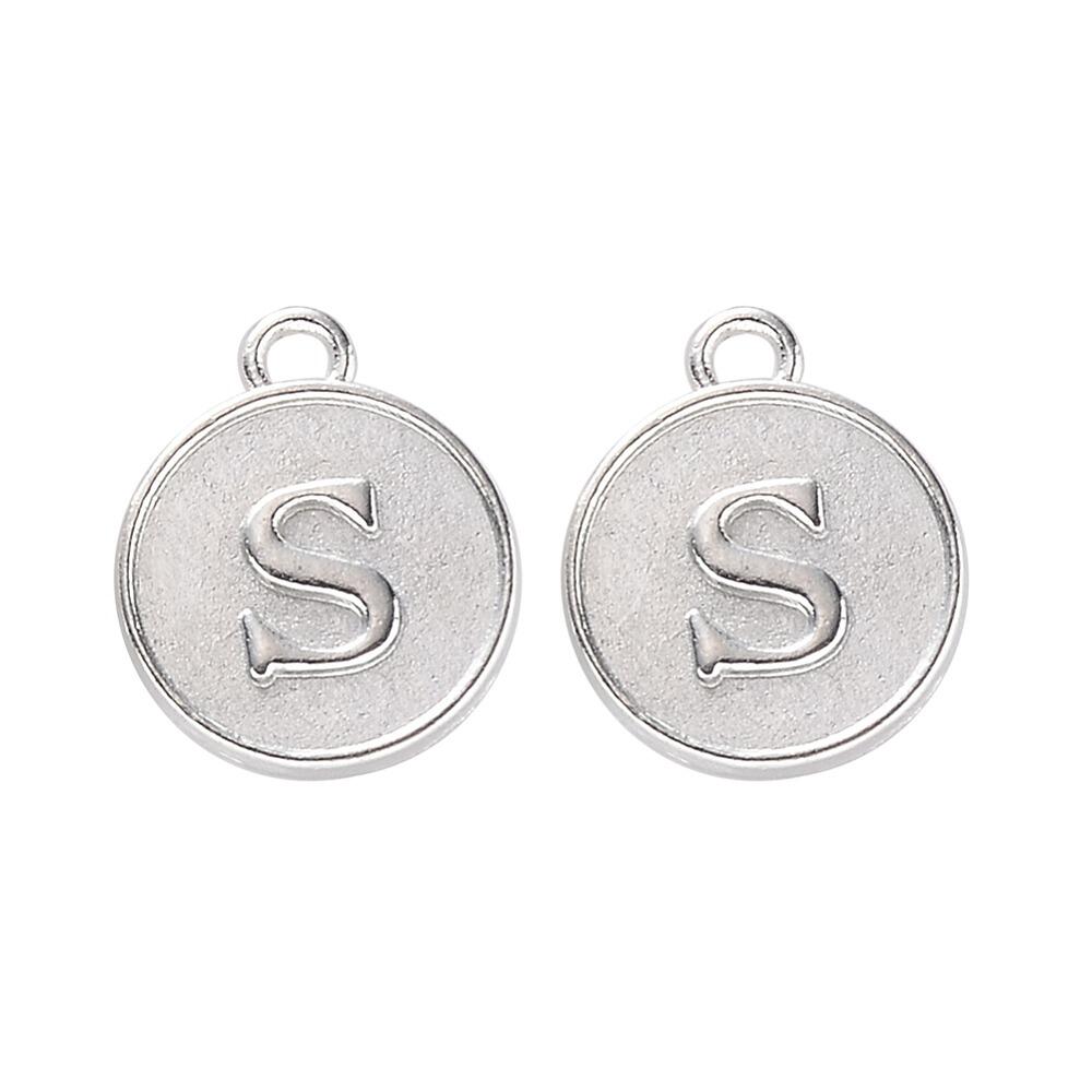 Disc Letter Charm Rhodium 12mm   S for jewellery making