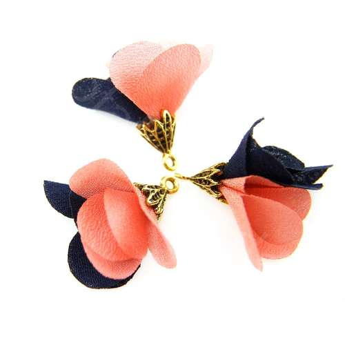 Flower Tassel Two Tone - Gold Leaf Cap Peach and Navy 5pcs