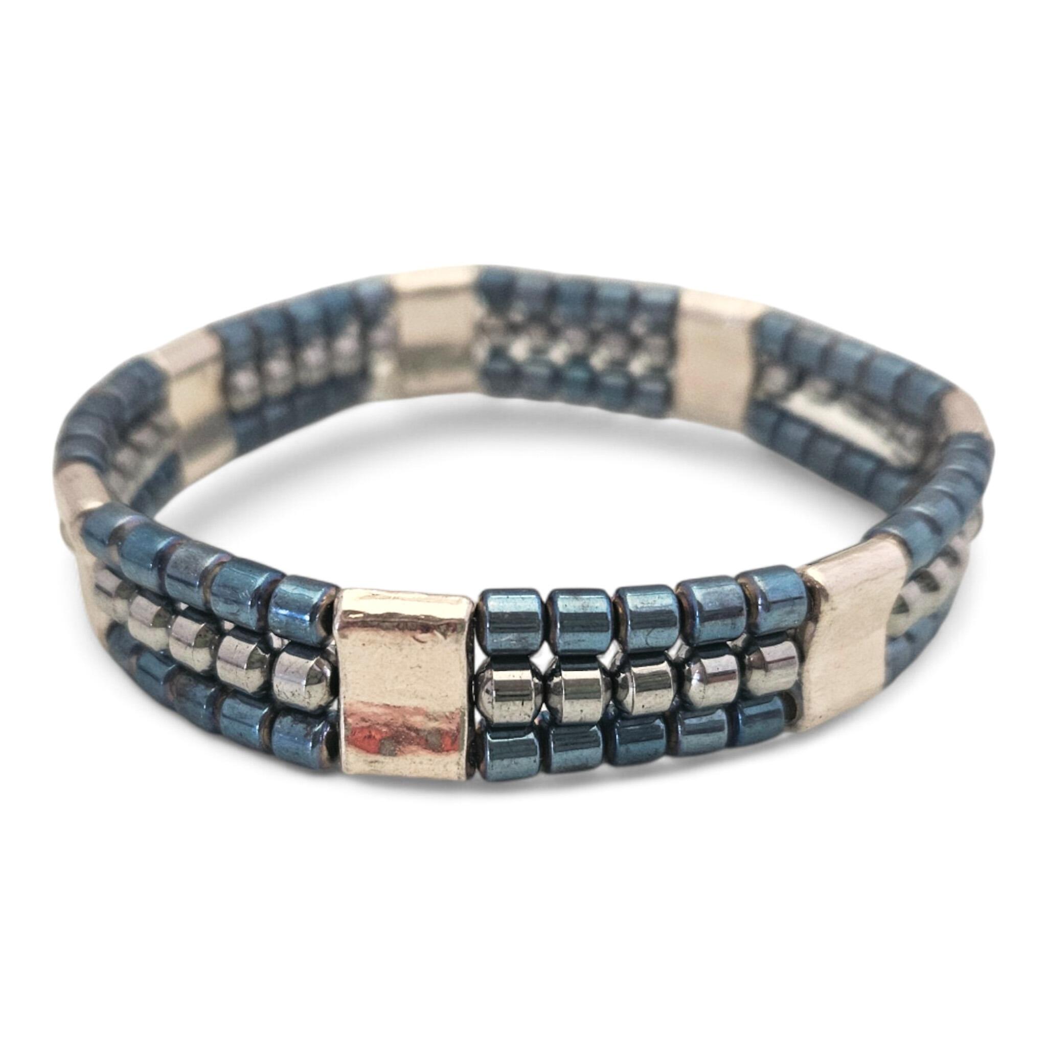 Triple Strand Drum Bracelets silver blue bracelet making kit — DIY set with beads and instructions for creating handmade jewelry