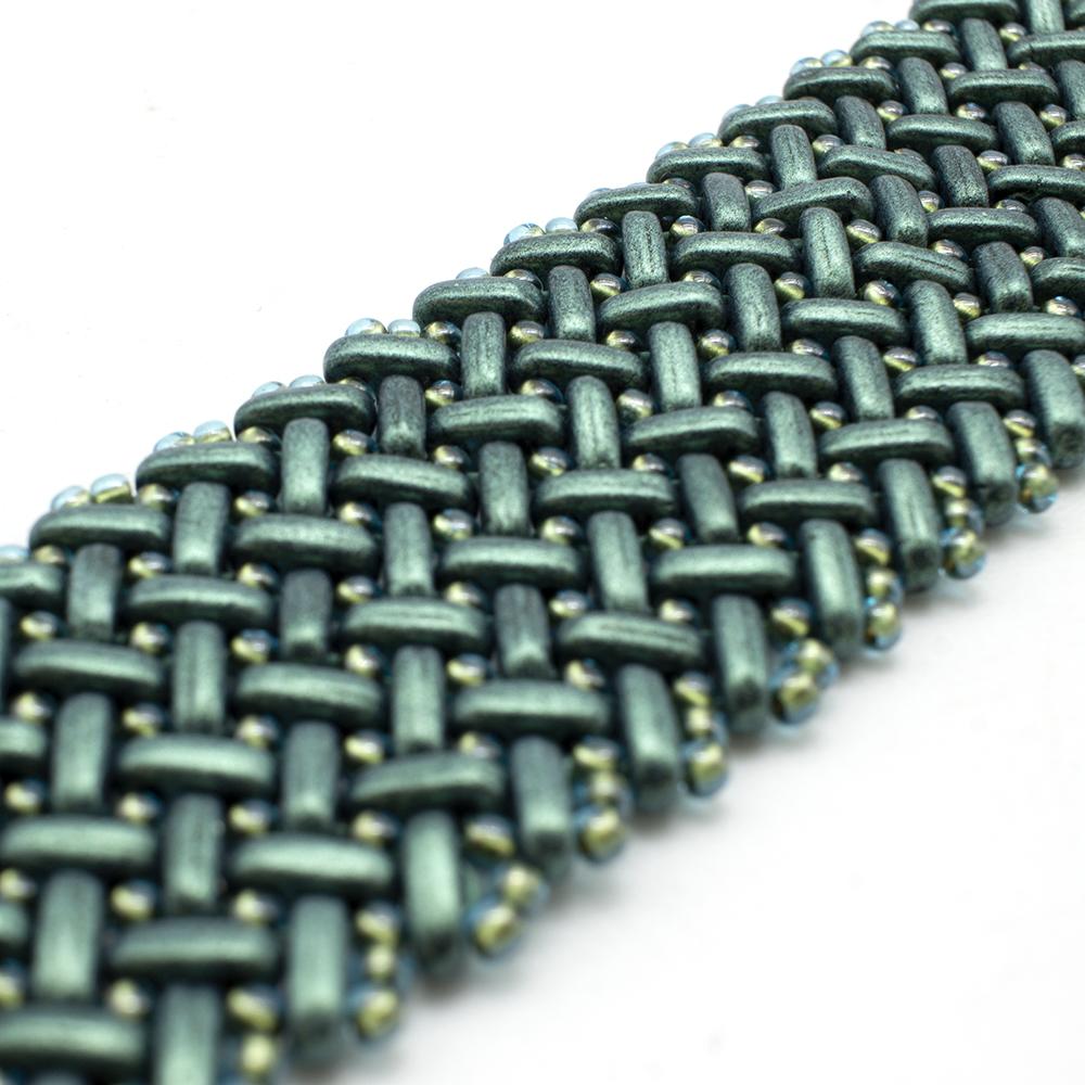 Chevron Stitch Bracelet with Czech Bars - Metallic Suede Light Green