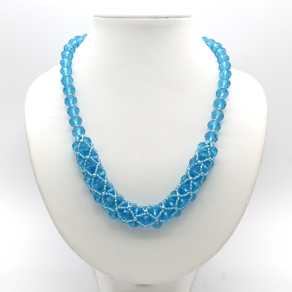 Crystal Tubular Netting Necklace - Aqua
