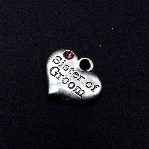 Wedding Charm Heart Antique Silver   Sister of Groom Pink 16 x 14mm for jewellery making