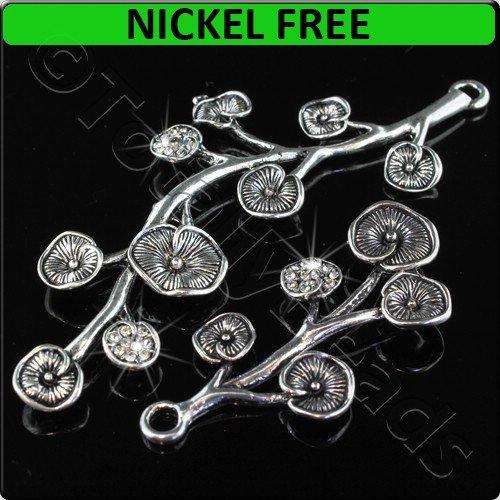 Antique Silver Metal Connector Crystal Leaves 95mm 2pcs