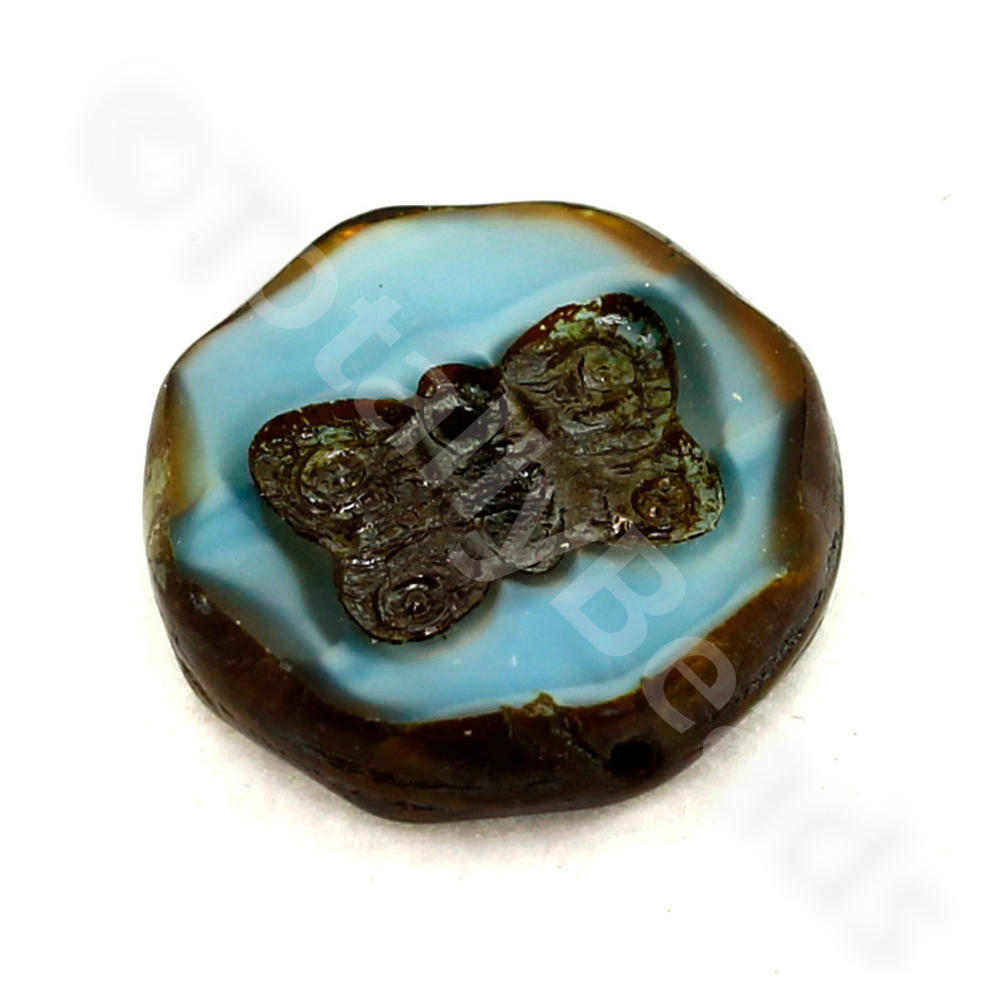 Table Cut Glass Bead - Turquoise Butterfly Coin 18mm