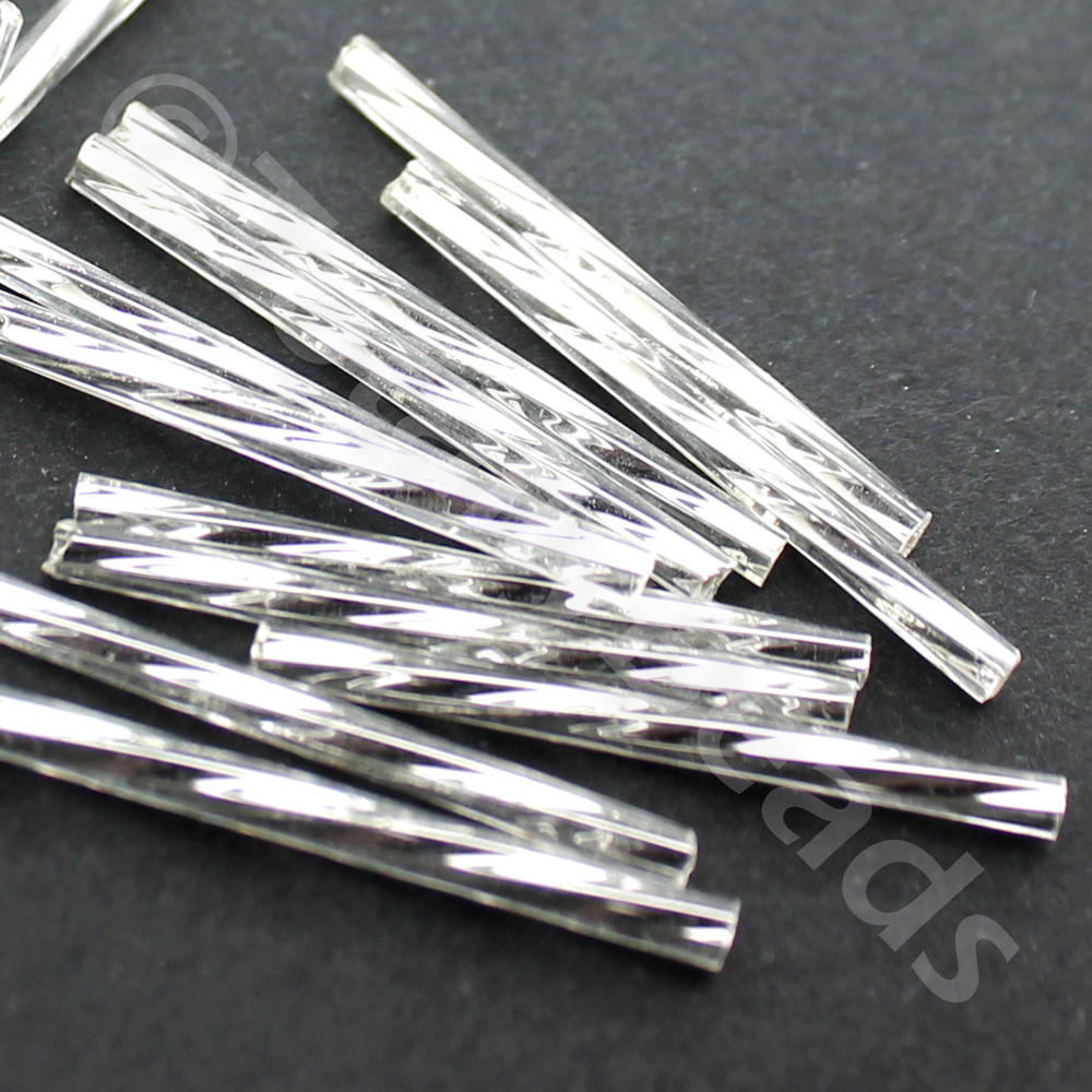 Czech Bugle Beads 30mm- 20g Twisted Silver Lined Silver