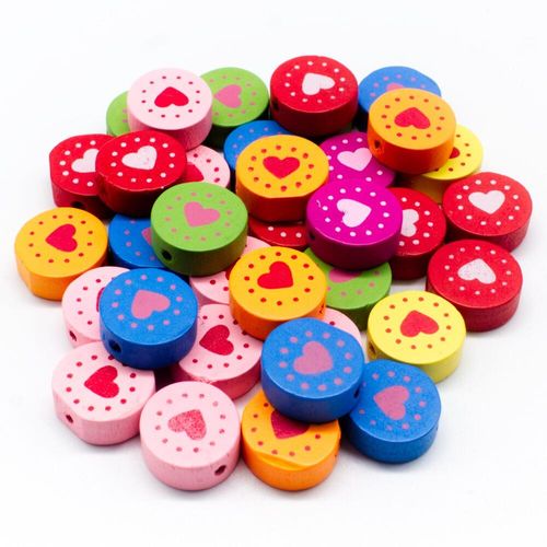 Colourful Wooden Beads   Heart Disc 15mm for jewellery making