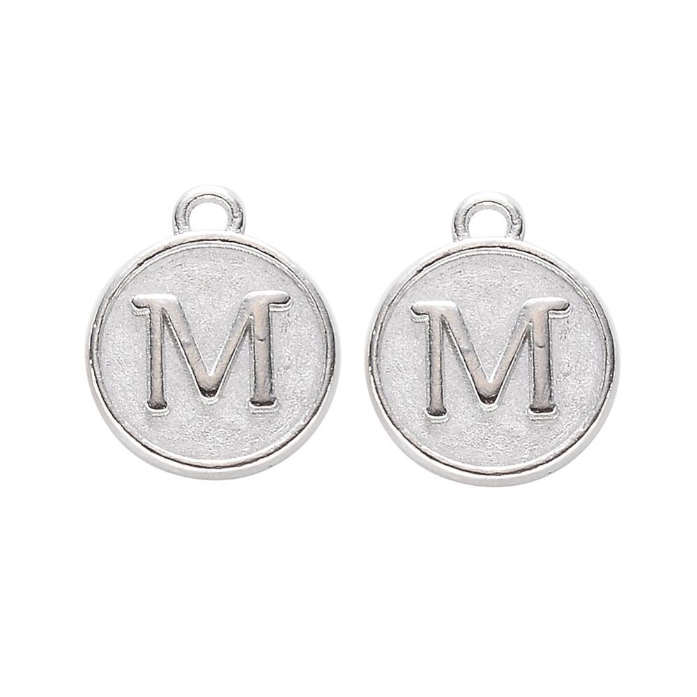 Disc Letter Charm Rhodium 12mm   M for jewellery making