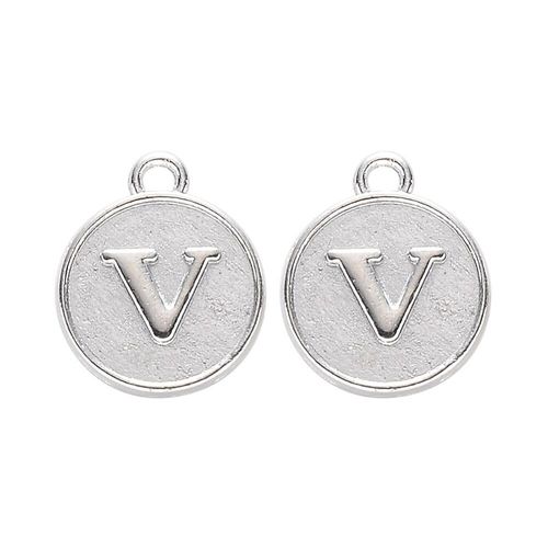Disc Letter Charm Rhodium 12mm   V for jewellery making