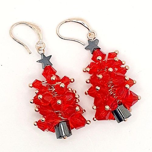 Crystal Bicone Xmas Tree Earrings 3 Pairs red earring making kit — DIY set with beads and instructions for creating handmade jewelry