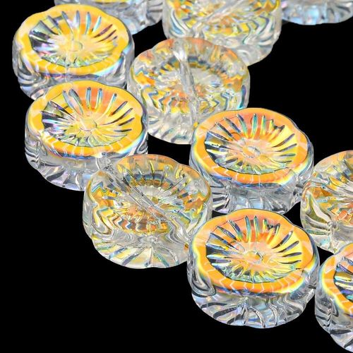 Glass Flower Beads 14mm Coin 10pcs   Clear ABx2 for jewellery making