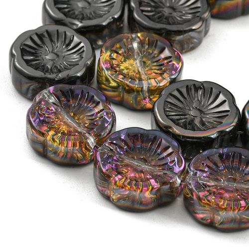 Glass Flower Beads 14mm Coin 10pcs   Rainbow Charcoal for jewellery making