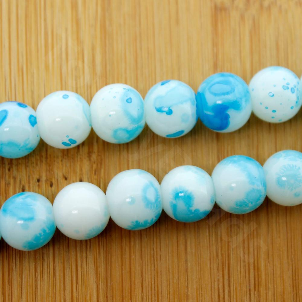 Glass Round Beads 10mm White Splatter- Pastel Blue