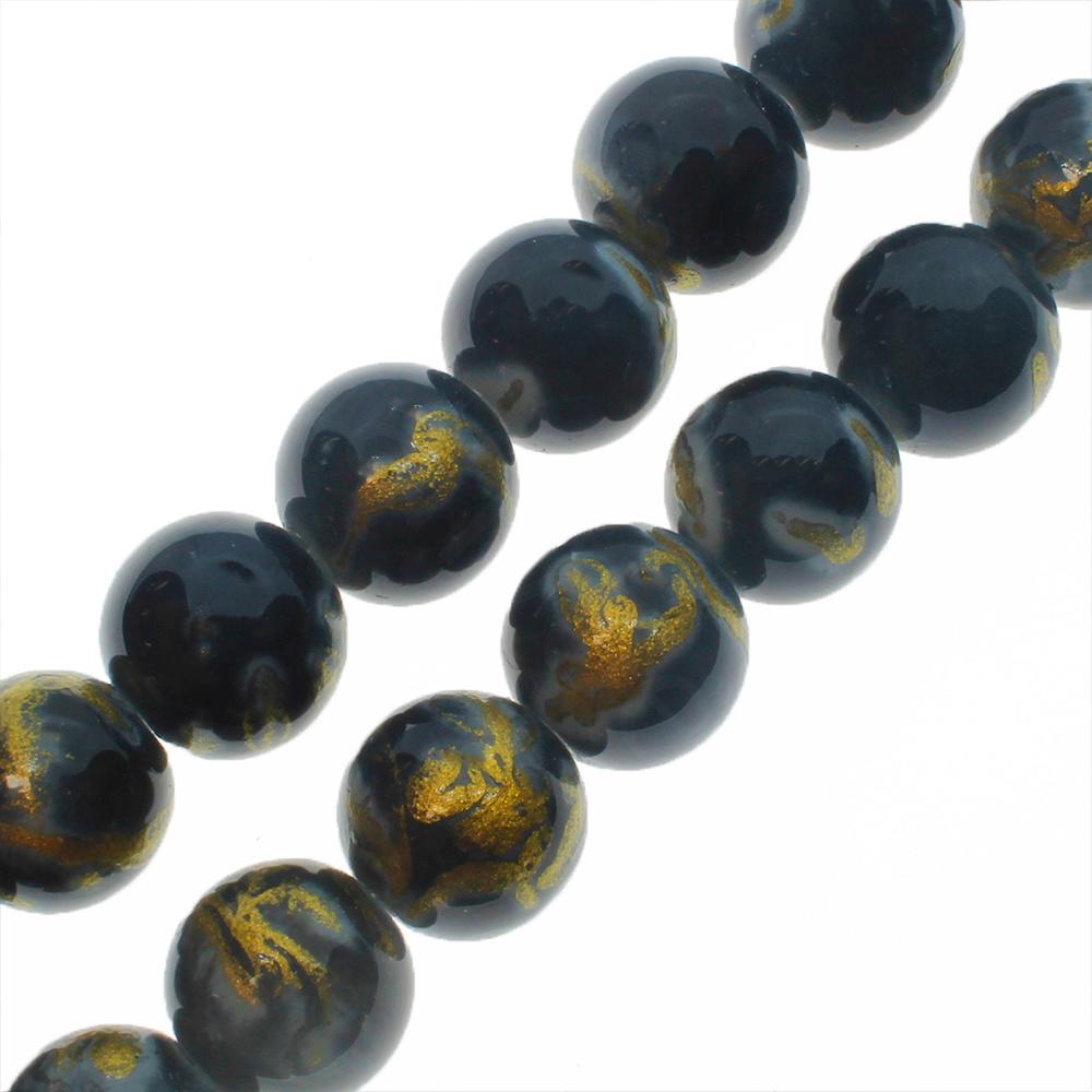 Gold Swirl Glass Beads 10mm Round - Grey